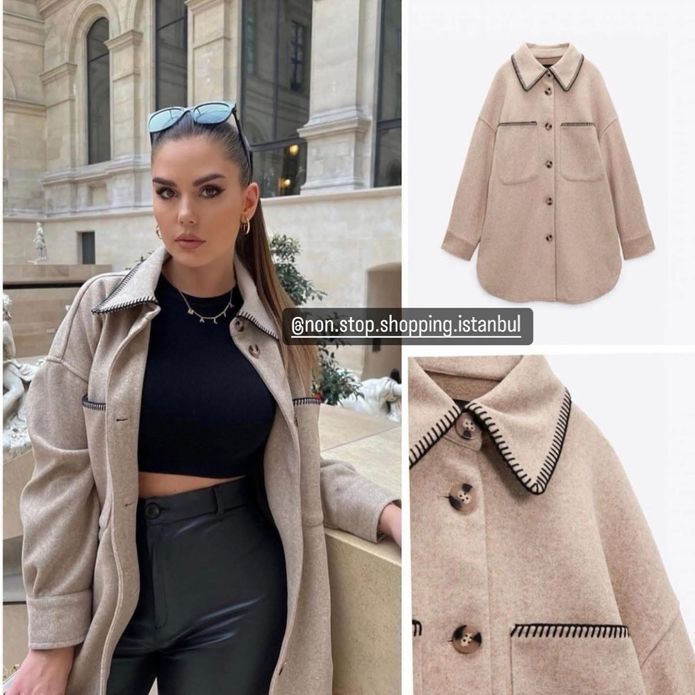 Zara NWT beige tan oversized button front stitched shacket - Picture 2 of 16